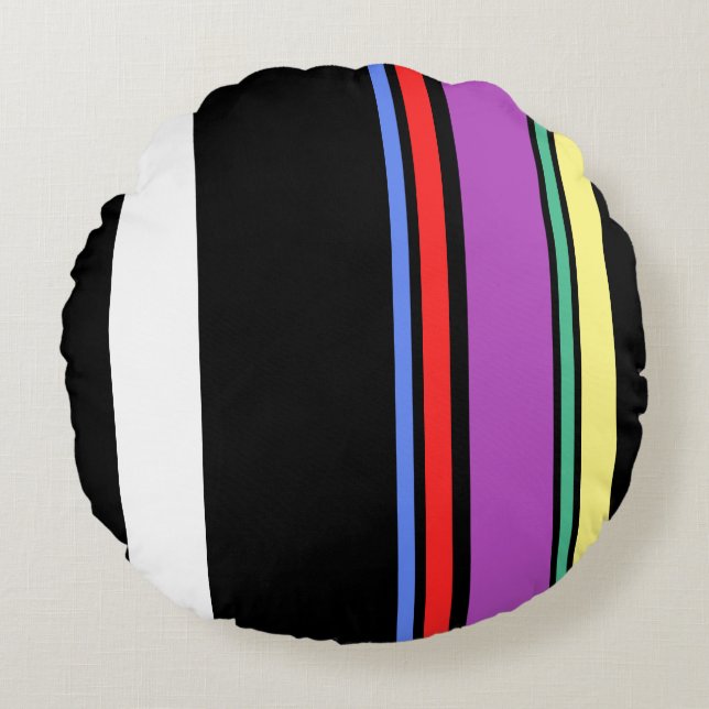 90s Inspired Multi Colour Black Bold Modern Stripe Round Cushion (Front)