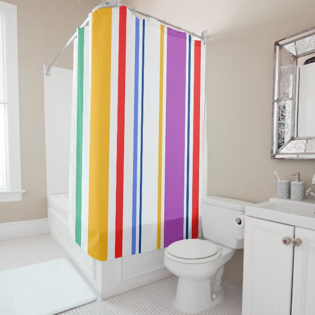 90s Inspired Multi Colour Bright Modern Stripes Shower Curtain (In Situ)