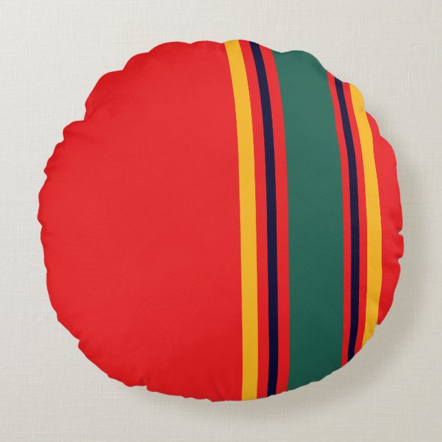 90s Inspired Red Multi Colour Bold Retro Stripes Round Cushion (Front)