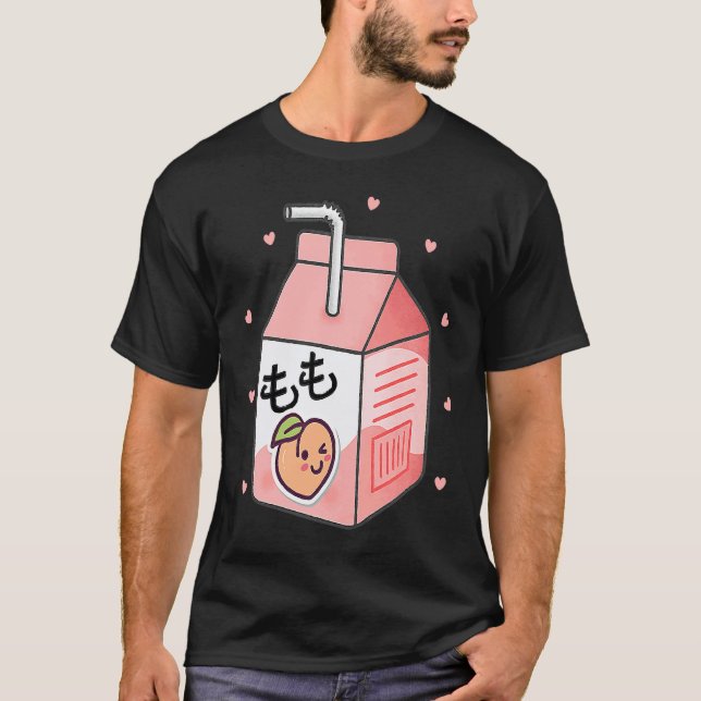 90s Japanese Otaku Aesthetic Peach Juice Box Cute T-Shirt (Front)