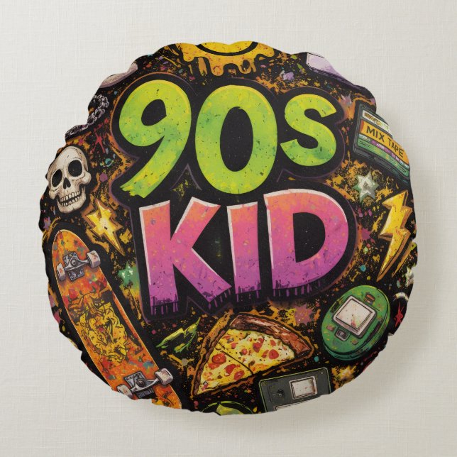 90s Kids Retro Pizza Fun Pattern Round Cushion (Front)