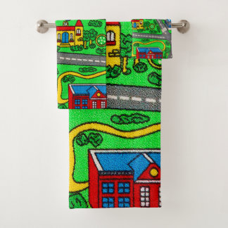 90s nostalgia, Car Road nostalgia Race Mat city Bath Towel Set
