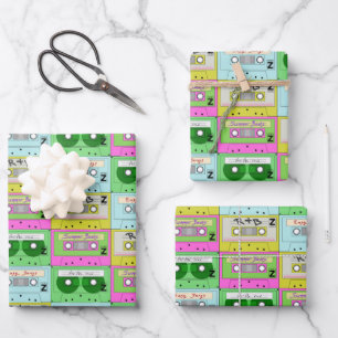 90s Nostalgia Neon Music Cassettes  Wrapping Paper Sheet