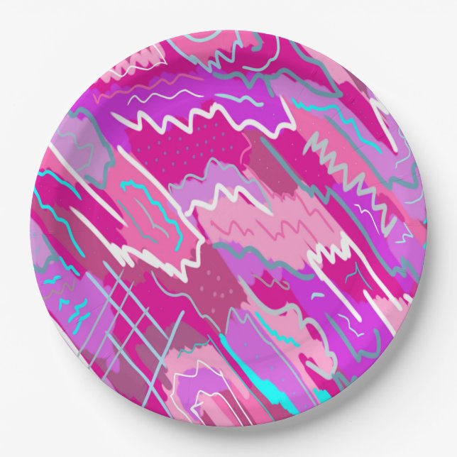 90s Nostalgia Pop Art in Magenta Paper Plate (Front)