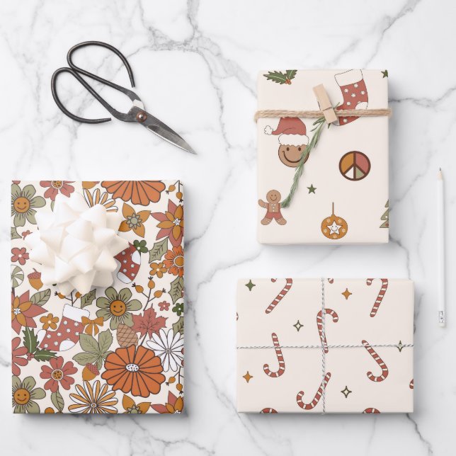 90s Nostalgia Retro Groovy Christmas Wrapping Paper Sheet (Front)