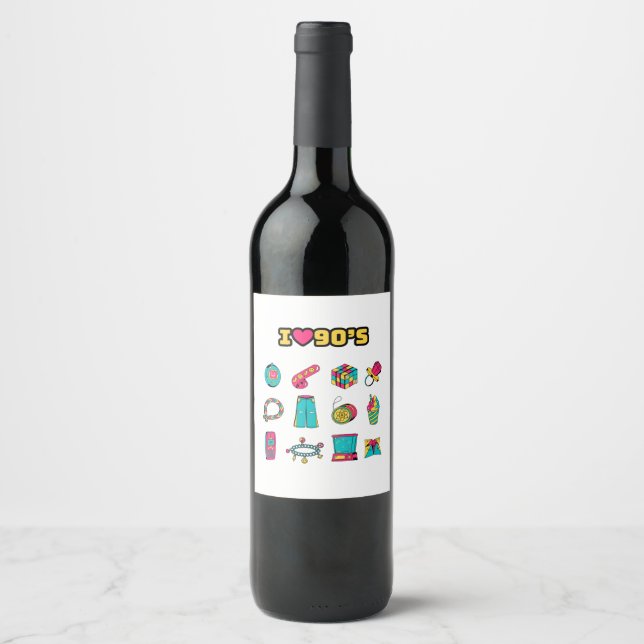 90's Party Decor, wine label, water bottle label (Front)