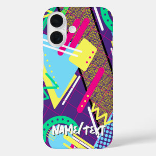 90s Pattern, Vintage Retro Nineties Geometric Blue iPhone 16 Case