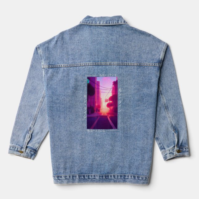 90's Retro Synthwave Japanese Vaporwave Art Otaku  Denim Jacket (Back)