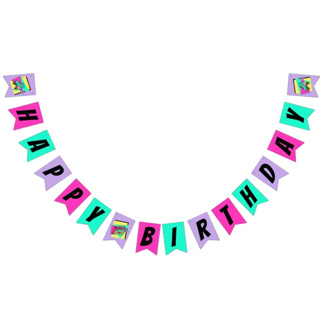90s roller skate Happy Birthday teal purple pink Bunting (All)
