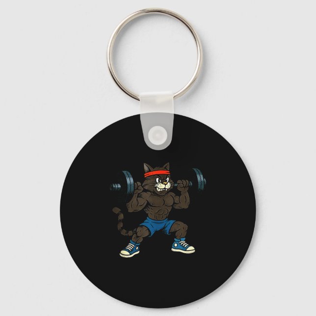 90s Style Cartoon Cat Lifting Weights Tank Top  Key Ring (Front)