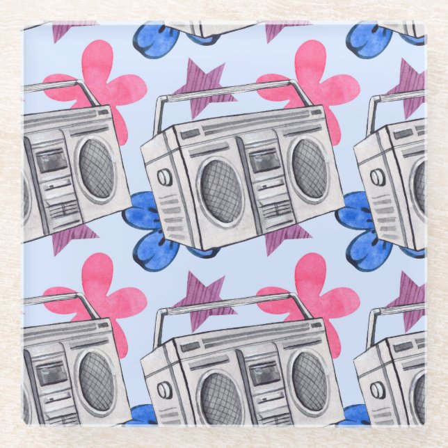 90s Style: Watercolor Seamless Pattern Glass Coaster (Front)