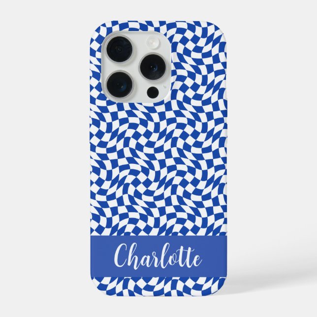 90's theme blue checkered name monogram iPhone case (Back)