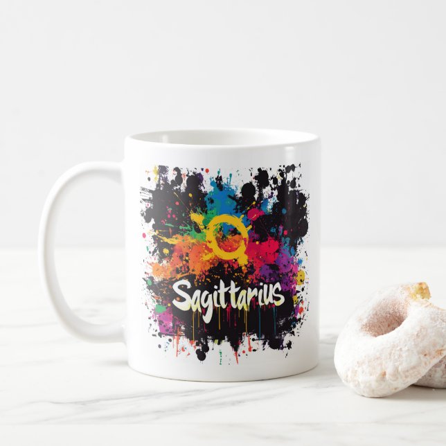 "90s Throwback Sagittarius: Splatter Paint Mug" Coffee Mug (With Donut)