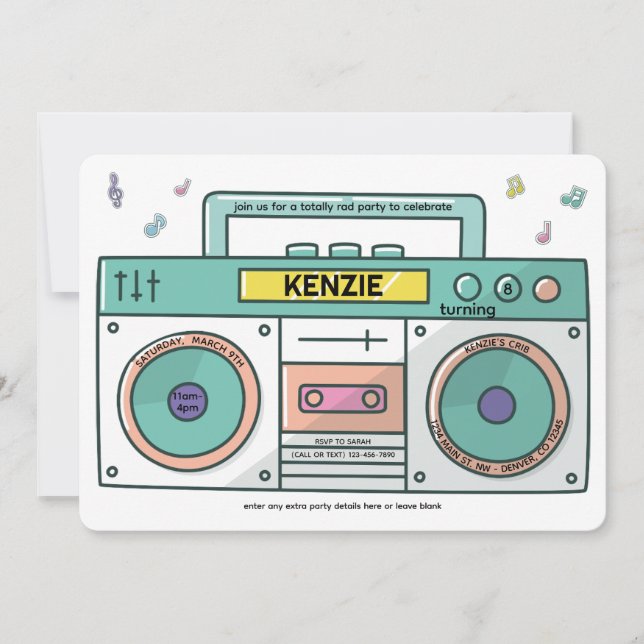 90's Totally Rad Boombox Music Theme Birthday  Invitation (Front)
