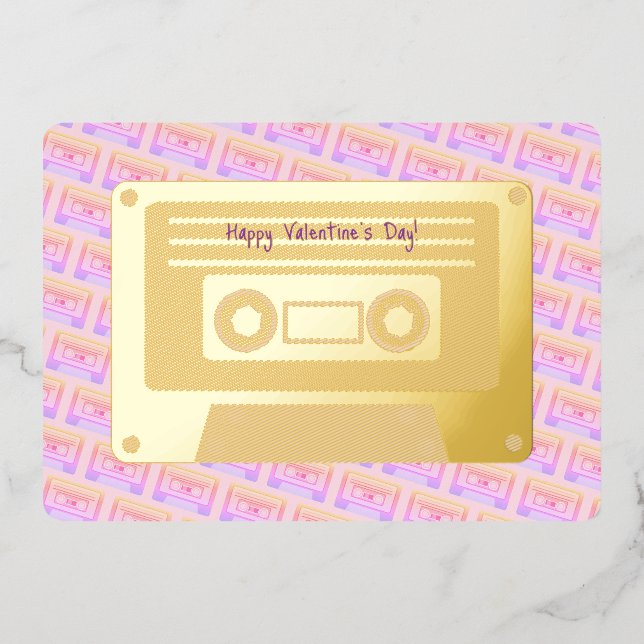 90s Y2k Cassette Pink Happy Valentines Day Gold Foil Holiday Card (Front)