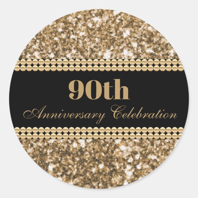 90th Anniversary Celebration Gold Glitter Pearls Classic Round Sticker (Front)
