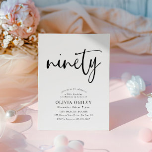 90th B&W Birthday Party Modern Script Typography Invitation