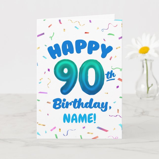 90th Balloon Number Custom Name Birthday Card (Small Plant)