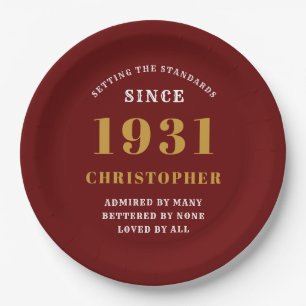 90th Birthday 1931 Red Gold Love Personalised Paper Plate