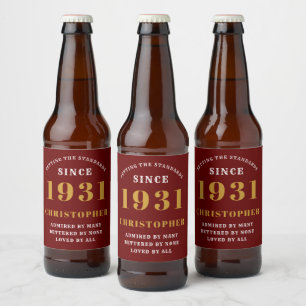 90th Birthday 1931 Red Gold Retro Personalised Beer Bottle Label