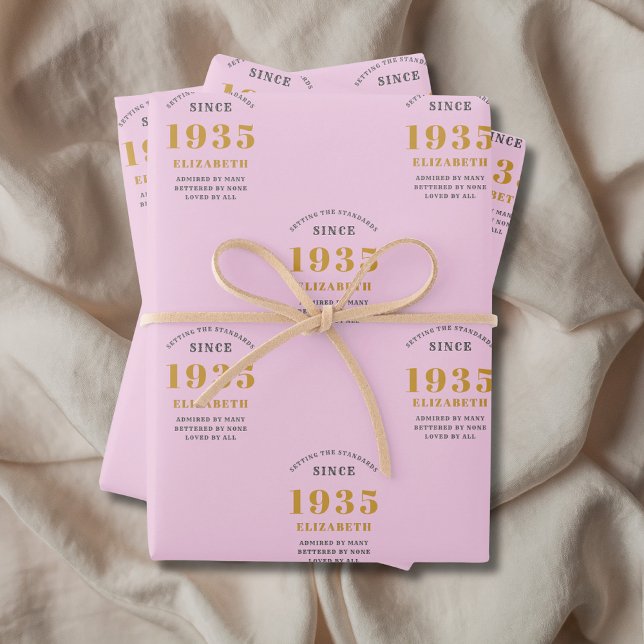 90th Birthday 1935 Add Name Pink Grey Wrapping Paper Sheet (90th birthday pink personalized wrapping paper.)