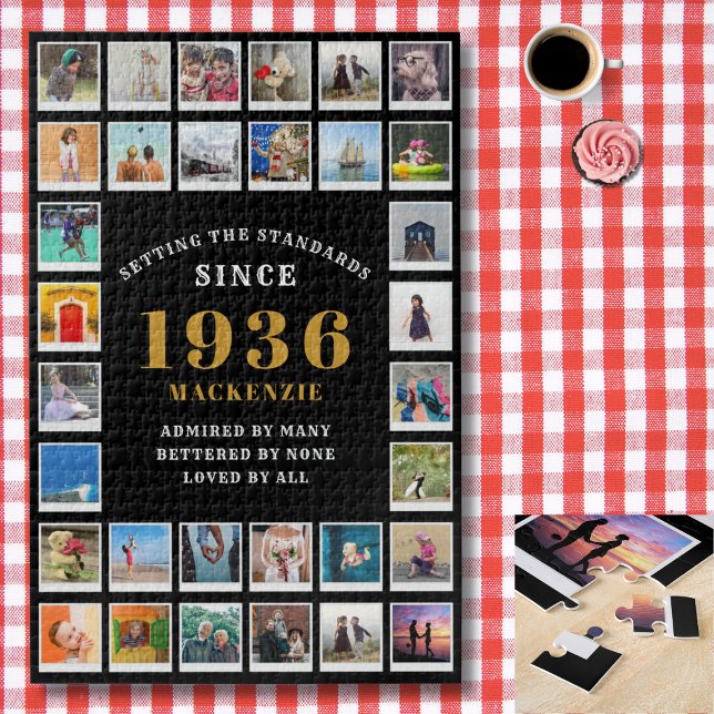 90th Birthday 1936 Family Memories Photo Collage Jigsaw Puzzle (1936 photo collage jigsaw puzzle. Background red and white check cloth.)