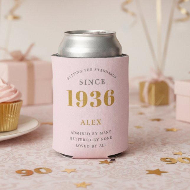 90th Birthday 1936 Keepsake Elegant Personalised Can Cooler (1936 pink can cooler on a light pink background)