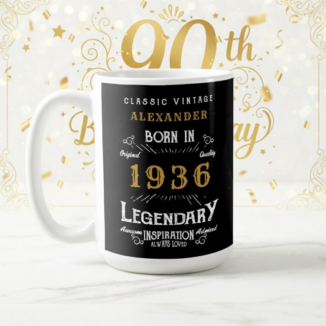 90th Birthday 1936 Legendary Retro Coffee Mug (1936 coffee mug on a white and gold background.)