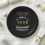 90th Birthday 1936 Legendary Retro Paper Plate<br><div class="desc">For those born in 1936 and celebrating their 90th birthday we have the ideal birthday paper plates. The black background with a white and gold vintage typography design design is simple and yet elegant with a retro feel. Easily customize the text of this birthday gift using the template provided. More...</div>