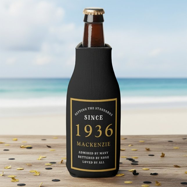 90th Birthday 1936 Name Elegant Chic Black Gold Bottle Cooler (Born 1936 bottle cooler. Beach background.)