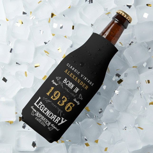 90th Birthday 1936 Name Legend Chic Black Gold Bottle Cooler (Born 1936 bottle cooler on ice.)