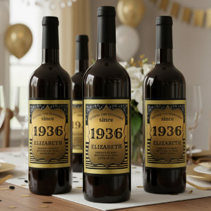 90th Birthday 1936 Personalized Black Gold Vintage Wine Label