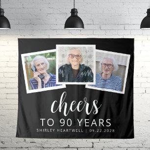 90th Birthday 3-Photo Black White Script Cheers Tapestry