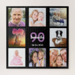 90th birthday 90 photo collage black woman jigsaw puzzle<br><div class="desc">A gift for a woman's 90th birthday,  celebrating her life with a collage of 8 of your photos.  Templates for a name,  age 90 and a date.  Date of birth or the date of the anniversary.  Purple and white colored letters. Chic black background color.</div>
