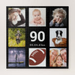 90th birthday 90 photo collage guy man black jigsaw puzzle<br><div class="desc">A gift for a man's 90th birthday,  celebrating his life with a collage of 8 of your photos.  Templates for age 90 and a date.  Date of birth or the date of the anniversary.  White colored letters.  Black background.</div>