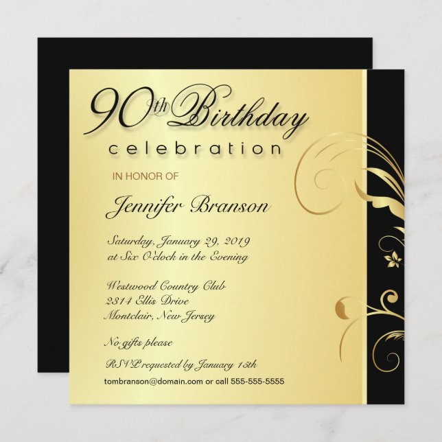 90th Birthday Adult - Elegant Gold Floral Invites (Front/Back)