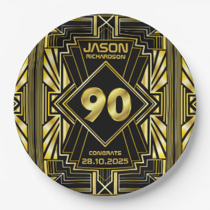 90th Birthday Art Deco Gold Black Great Gatsby Paper Plate