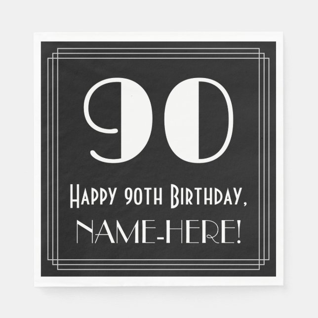 90th Birthday ~ Art Deco Inspired Look "90", Name Napkin (Front)