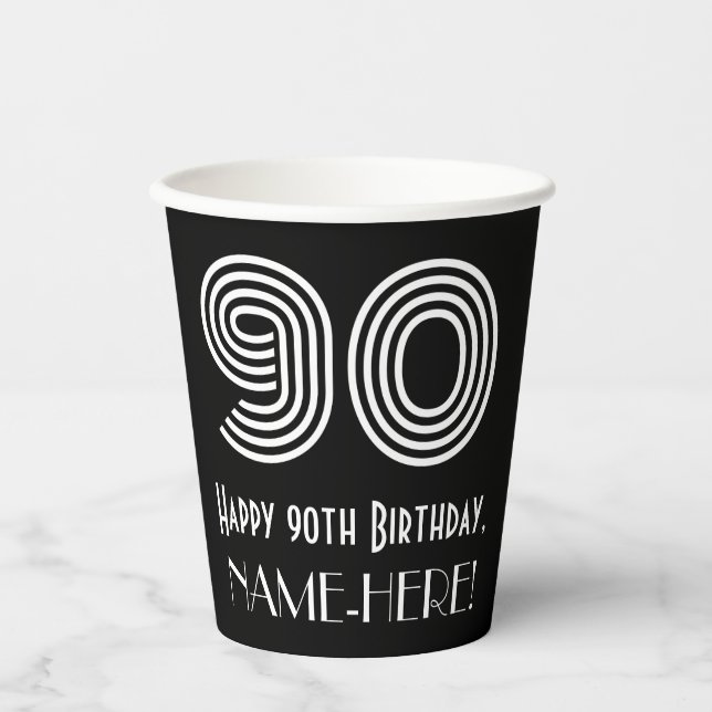 90th Birthday — Art Deco Inspired Look “90” + Name Paper Cups (Front)