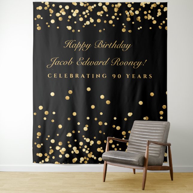 90th Birthday Backdrop, Photobooth Backdrop, Gold Tapestry (In Situ)