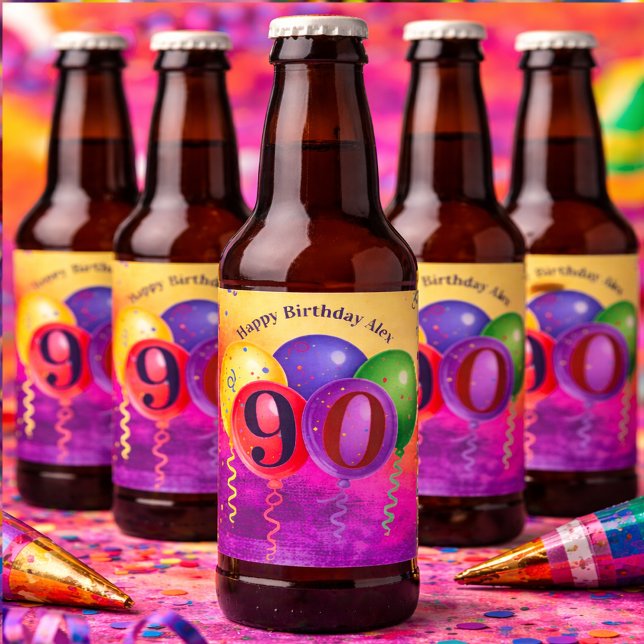 90th Birthday Balloon Confetti Party Beer Bottle Label (Creator Uploaded)