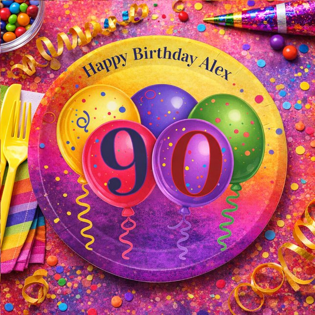 90th Birthday Balloon Confetti Party Paper Plate (Creator Uploaded)
