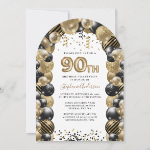 90th Birthday Balloon Gold Black Sparkle Invitation