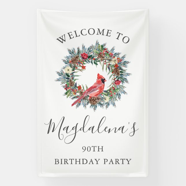 90th Birthday Banner Red Cardinal Custom Welcome (Vertical)