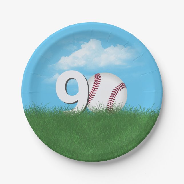 90th Birthday Baseball In Green Grass Paper Plate (Front)