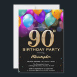 90th Birthday Black and Gold Colourful Balloons Invitation<br><div class="desc">90th Birthday Black and Gold Colourful Balloons and Confetti Invitation. For further customisation,  please click the "Customise it" button and use our design tool to modify this template.</div>