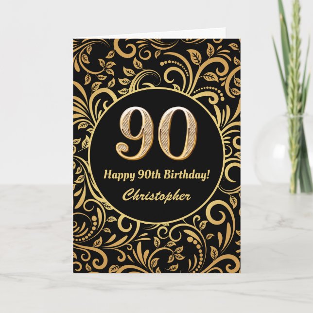 90th Birthday Black and Gold Floral Pattern Card (Front)