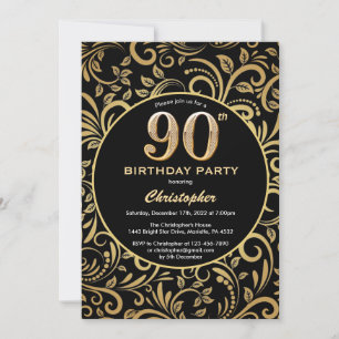 90th Birthday Black and Gold Floral Pattern Invitation
