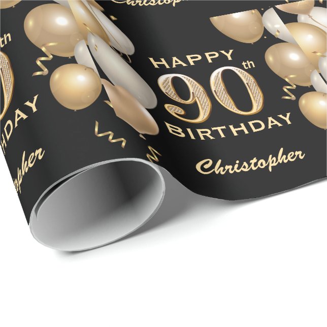 90th Birthday Black and Gold Glitter Balloons Wrapping Paper (Roll Corner)