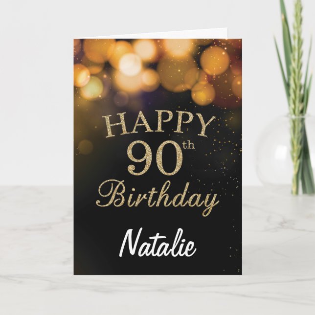 90th Birthday  Black and Gold Glitter Card (Front)